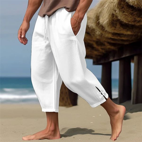 Calça 2024 Summer masculino calças cortadas de tamanho grande os pés soltos bifurcados calça -lápis calcas casuais calças de praia calças de rua