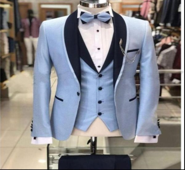 Brandneuer hellblauer Bräutigam-Smoking mit schwarzem Schal-Revers für Trauzeugen im Hochzeitskleid-Stil für Herren, Jacke, Blazer, 3-teiliger Anzug, Jacke, Hose 2382207