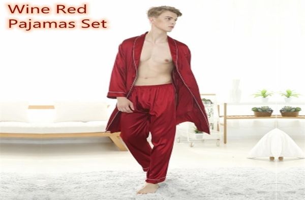 Men039s Pyjama-Set aus Seidensatin, Nachthemd, Oberteil, lange Hose, Marineblau, Grau, Weinrot, Pyjama, Heimbekleidung, Nachtwäsche für Herren, 20111786420