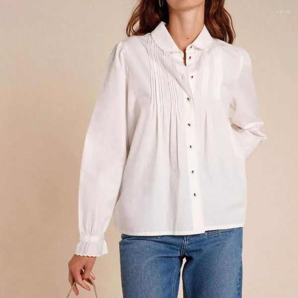 Blusas femininas 2024 outono e inverno lapela branca camisa de manga comprida babados plissado simples doce solto flor botão blusa