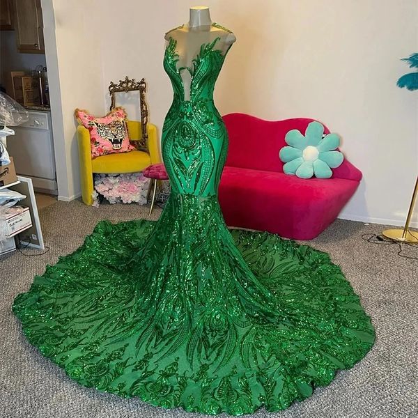 Impressionante verde lantejoulas vestidos de baile pura jóia pescoço sereia vestidos de festa à noite com zíper voltar vestidos de gala