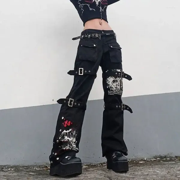 Jeans femininos tendência americana menina legal bonito rua tiro impressão botão japonês cinta frita subcultura calças femininas