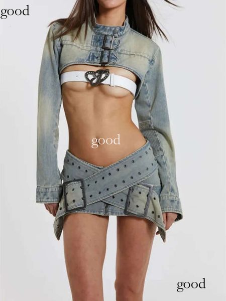 Designer-Moderöcke LGRQ Mode Asymmetrische Y2k Top Qualität Gürtel Design Frauen Kurzer Rock Street Wear 2023 Sommer Trendy Girl Sexy Mini Denim 836