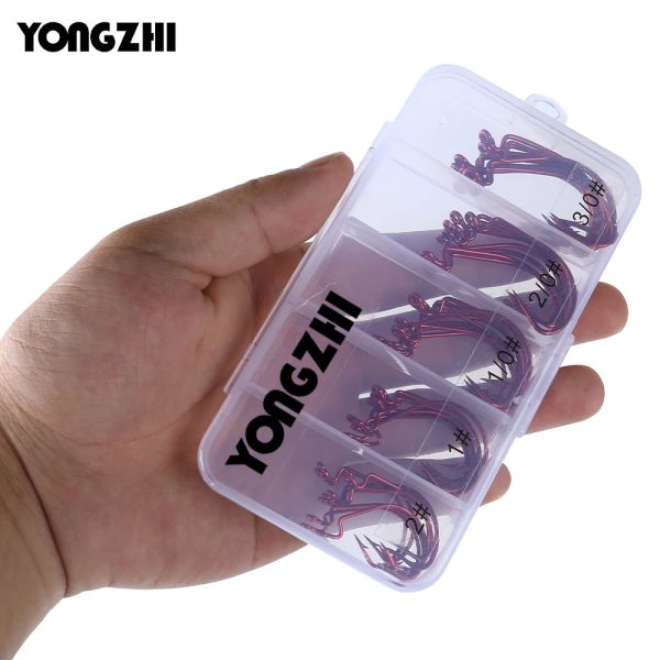 Fishhooks Yongzhi 50pcs ganci da pesca in rosso in acciaio ad alto contenuto di pesca a manovella ganci di pesce pesce con accessori per peschere