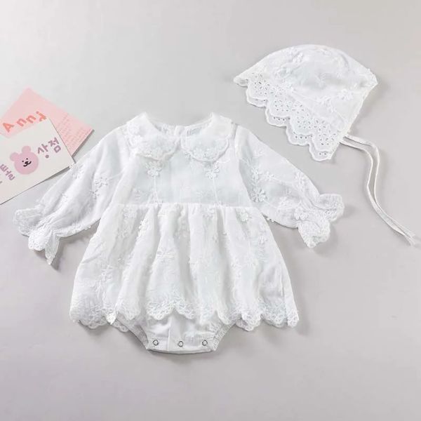 Ceketler bebek bodysuits beyaz bebek kız giyim çiçek nakış bebek tulum kızlar elbise şapka prenses kıyafetleri kıyafet