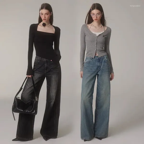 Kadın kot pantolon Amerikan vintage siyah gri kadın gevşek tam uzunluk yüksek bel y2k genişlik