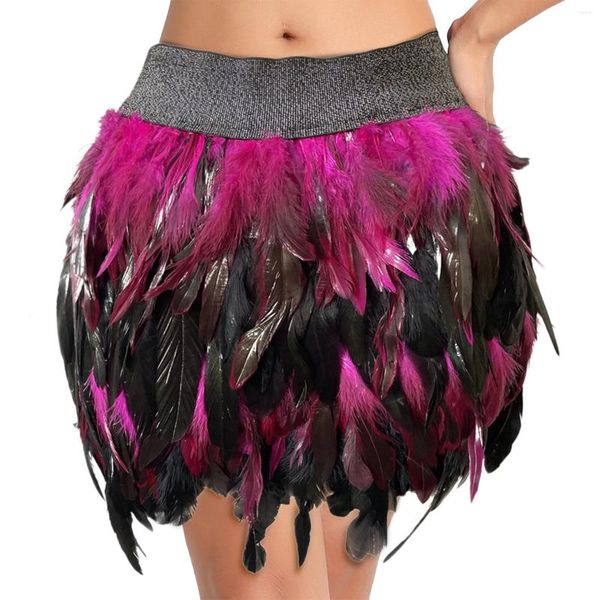 Saias femininas carnaval exótico charme selvagem colorido engraçado pena saia curta alta cintura elástica elegante sexy meio comprimento