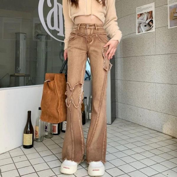 Jeans da donna Pantaloni marroni con fondo a campana Pantaloni da donna svasati con tasche Pantaloni a vita alta S Lavaggio medio Gyaru Estetica R