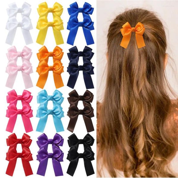 Acessórios de cabelo 2.7 Polegada 12 Pçs/lote Fita de Cetim Arco HairClips Escola Meninas Clip Long Tails Bowknot Barrettes Crianças