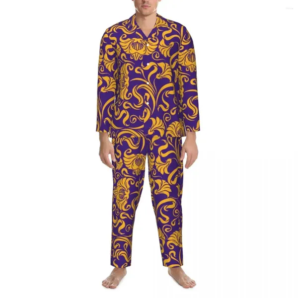 Herren-Nachtwäsche, Barock-Blumen-Herbst-Gold-Blumen-Druck, lässig, übergroße Pyjama-Sets, lange Ärmel, warmes Schlafzimmer, individueller Heimanzug