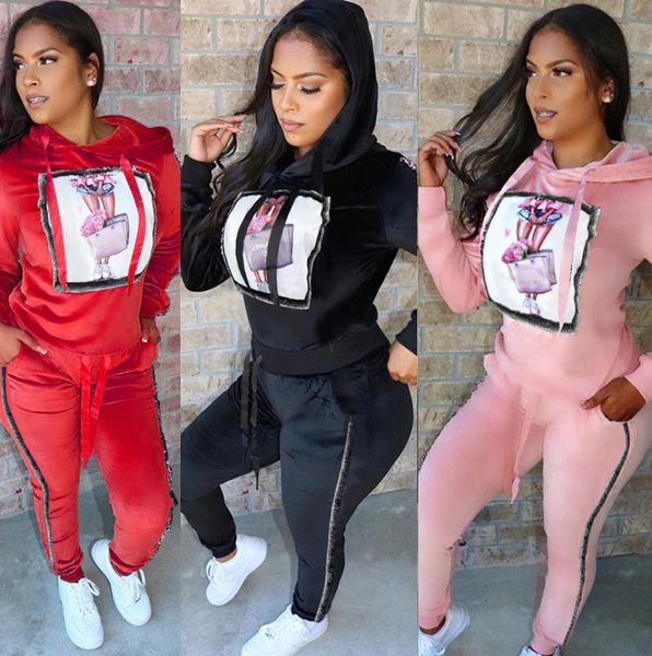 Conjunto de duas peças de veludo feminino veludo agasalho hoodies jogger calças retalhos suor ternos padrão sweatsuit rua inverno quente 2 pc t9744913