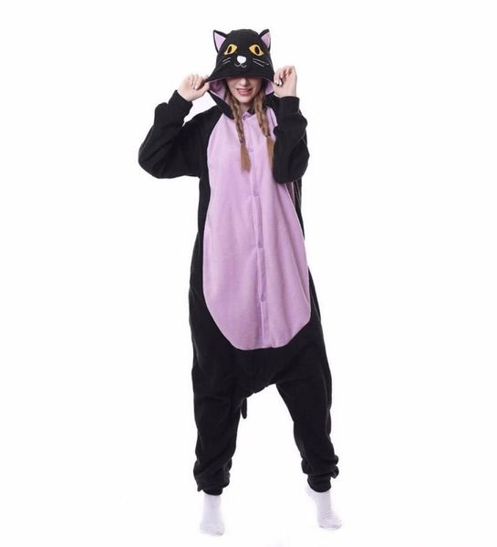 Schwarz Lila Katze Kigurumis Halloween Pyjama Erwachsene Frauen Männer Nachtwäsche Lustige Outfit Tier Bauch Katze Overall Onesie Cartoon Anzug Y6913365