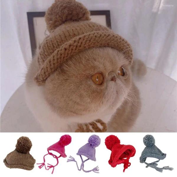 Cão vestuário chapéu quente aconchegante animal de estimação de malha com bola macia bonito hairball headgear para gato traje inverno ao ar livre cães