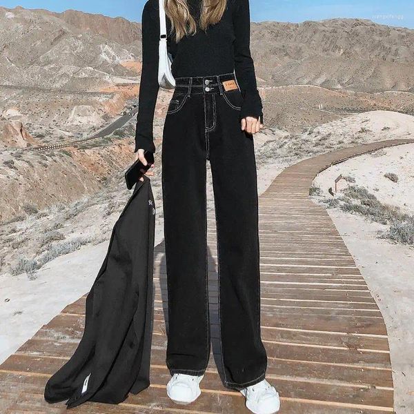 Calças de brim femininas mãe y2k perna reta mulher preta cintura alta calças jeans vintage calças streetwear botão de algodão
