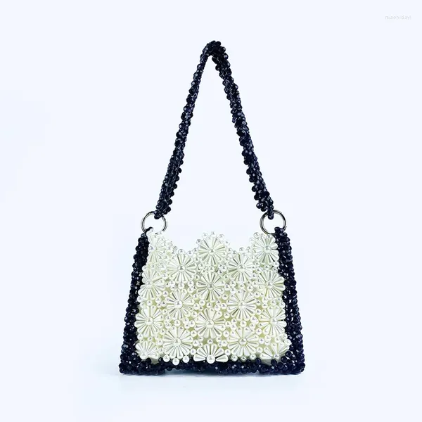 Sacos de noite único preto branco margarida flor pérola senhoras bolsa frisada moda requintado tecido feminino um ombro axilas