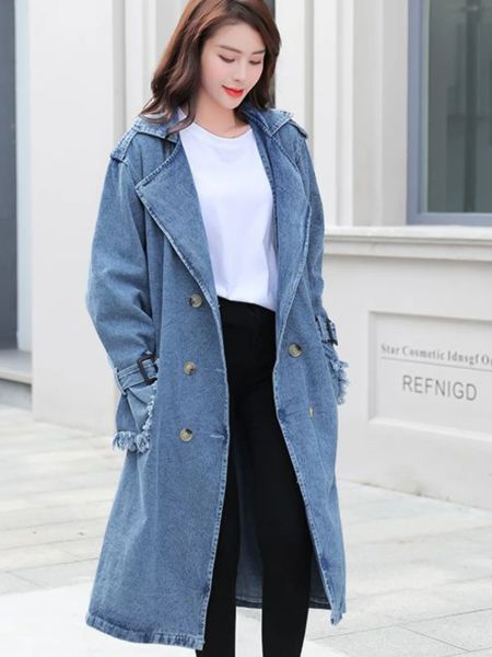 Trench Midlength Blue Denim Trench Coat mit Gürtel Vintage Loose Langarmed Franed Women Windbreaker weibliche Freizeitfeder Herbst 2023