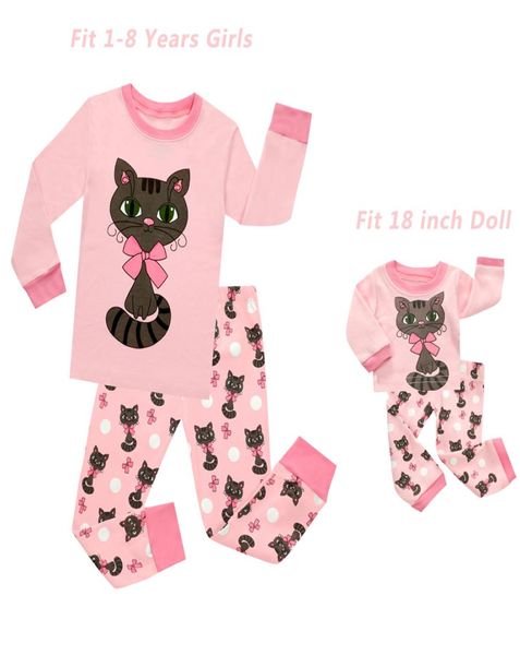 Bebê meninas e 18 polegadas boneca combinando pijamas conjuntos meninas pijama infantil crianças menina bebê menina roupas gato dos desenhos animados animal pijamas y9375830