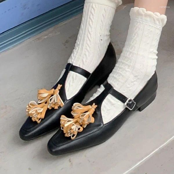 Sapatos de vestido primavera outono estilo coreano sexy salto baixo quadrado dedo do pé franja costura fivela cinta de couro genuíno mulheres bombas modernas 2401