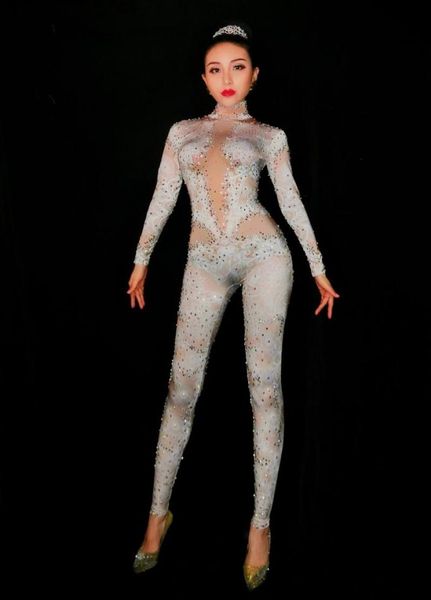 Macacões femininos macacão branco laço liso bodysuit spandex macacão rhines leggings feminino traje de palco boate dança wearwo2312787