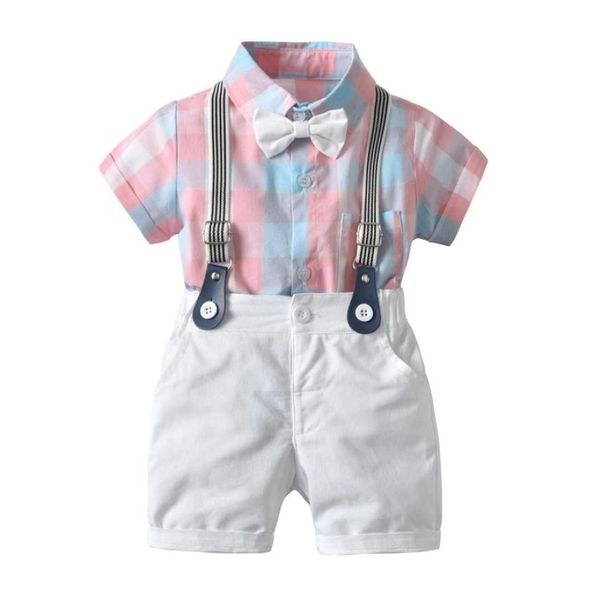 2019 Estate Neonati maschi Vestiti Set manica corta Bowtie Camicia a quadri Bretelle Pantaloncini Ragazzo 2 pezzi Set Abiti per bambini 149123735281