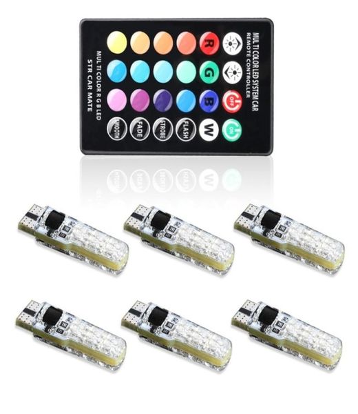 6 x rgb led t10 w5w lâmpadas de carro com controle remoto 194 168 501 rgbw lâmpada led luzes de leitura cunha estroboscópio 12v silicone 5050smd9046657