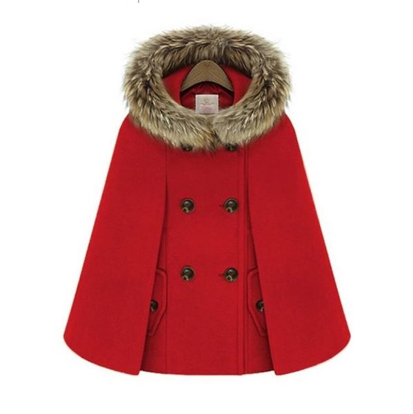Feminino de lã elegante poncho e capas casaco feminino com capuz gola de pele duplo breasted inverno solto rua curto casaco vermelho 207948752
