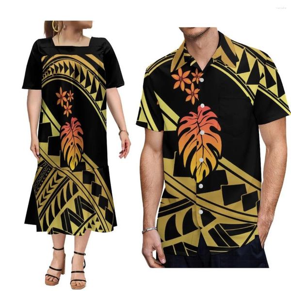 Lässige Kleider, individuelles Sommer-Paar-Set, polynesischer Stamm, gemustertes Mumu-Kleid für Damen und Taschenhemd für Herren