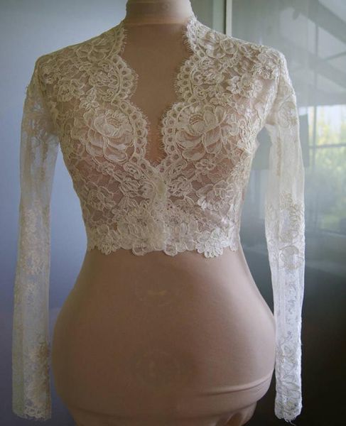 Moda bianco avorio personalizzato da sposa avvolge giacca a buon mercato designer pizzo maniche lunghe scollo a V stile matrimonio romantico Bolero 5999114