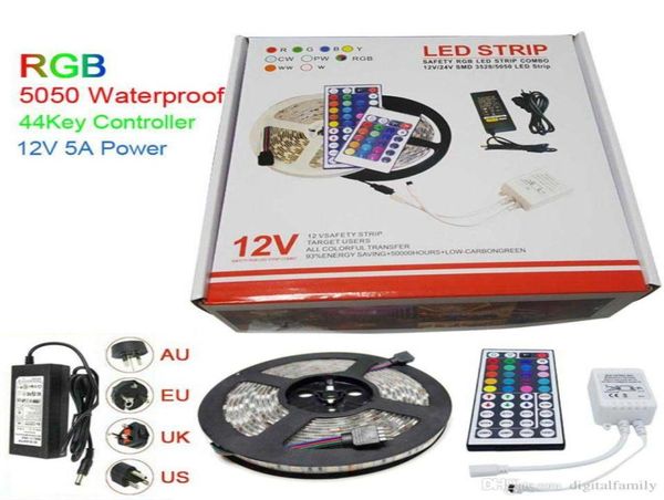 LED-Streifenlicht RGB 5M 5050 SMD 300Led wasserdicht IP65 44Key Controller Netzteil Transformator mit Box Weihnachtsgeschenke Reta6448690