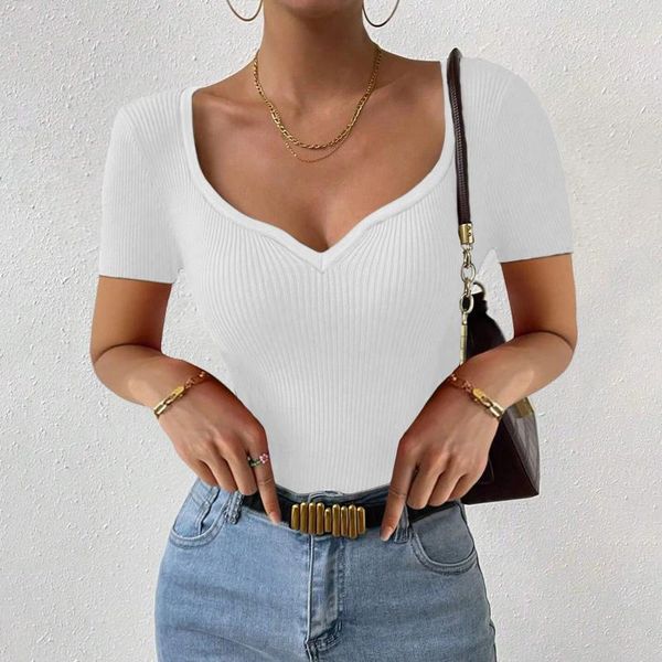 T-shirt da donna Donna scollo a V lavorato a maglia manica corta T-shirt con cordoncino Crop Tops Ragazze che lavorano a maglia elastico corto Tubino Tee per donna