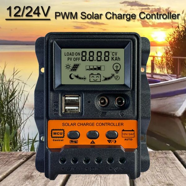 Controlador de carga solar pwm, 12v, 24v, 10a, 20a, 30a, painel solar, regulador de bateria, usb duplo, 5v, display lcd duplo dc