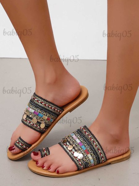 Hausschuhe Große flache Sandalen für Damen, nationale Mode, böhmische Zehensandalen T240301