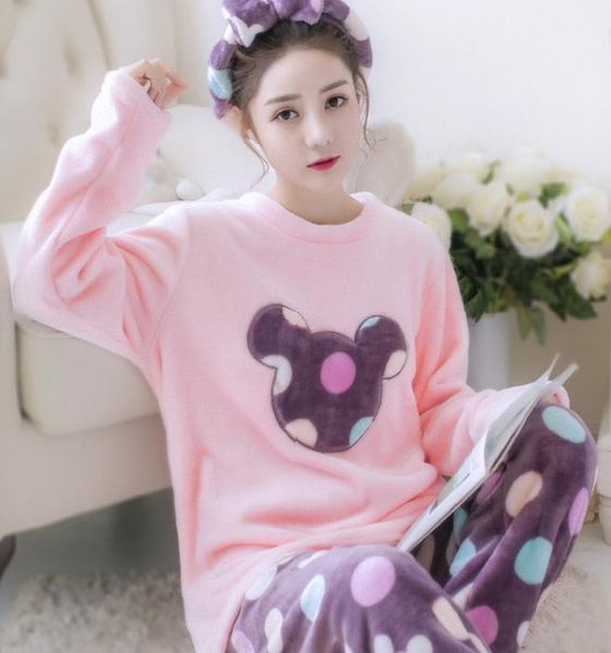 Mulheres bonito dos desenhos animados coral pijamas conjunto de manga longa camisa calça conjunto sono flanela inverno sleepwear menina 2 pçs pijamas terno camisola y7566789