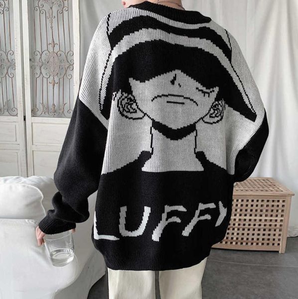 Japão anime uma peça camisola dos desenhos animados luffy malhas bonito moda topos pullovers preto branco y08165164816