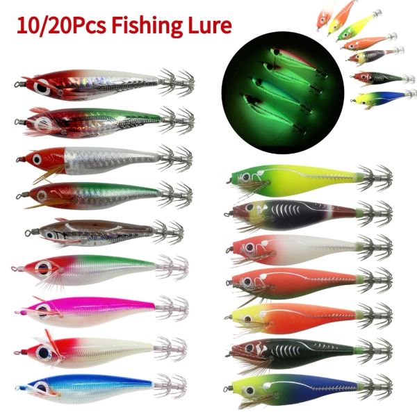 Köder 10/20pcs Fischereiköder 10 cm Tintenfisch Jigging künstlicher Holz Shrimps Lure Tintenfisch Haken Tintenfisch Köder Meer Fischerei Werkzeug Luminöses Pesca