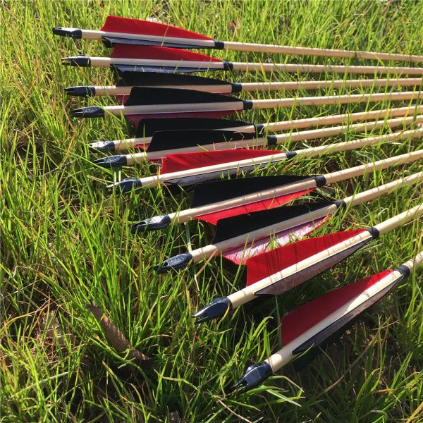 Equipamento 6/12/24 peças preto vermelho pena de peru flechas de madeira tradicionais artesanais 32 ''tiro ao ar livre tiro com arco
