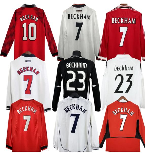 Beckham manga longa retro camisas de futebol homem 98 99 02 04 utd clássico camisas de futebol camisa de futebol 1996 1998 2002 vintage futebol real