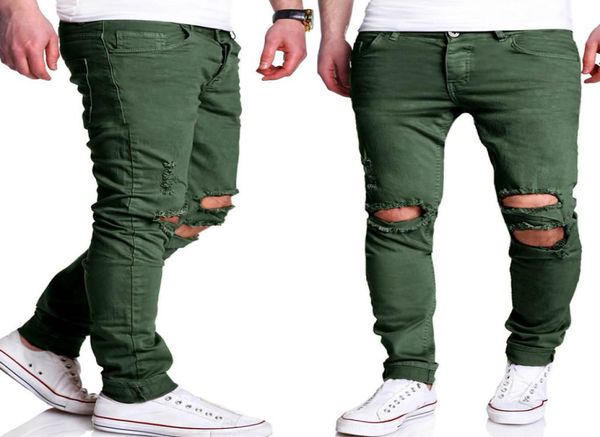 Bütün düz yırtık pantolon erkek 2017 yepyeni hip hop yeşil skinny jeans erkekler ince fit biker kot homme casual pantolon pantolon8358102