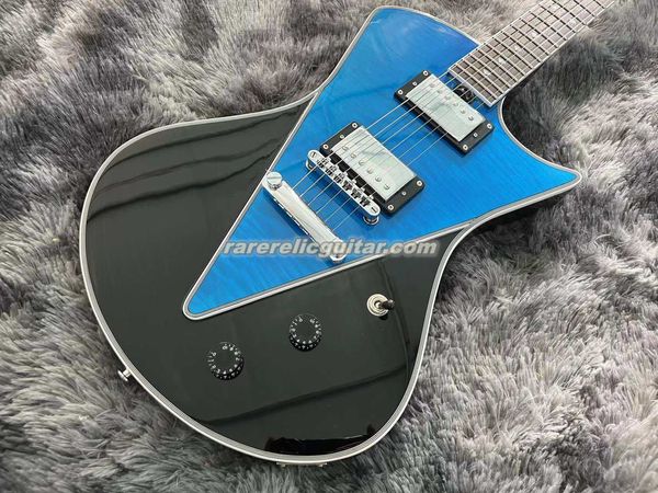 Custom Music Man Armada Flame Blue Singlecut E-Gitarre, Mahagoni-Korpus, schwarze Rückseite, Bauchschnitt-Korpus, gebogene Dreieck-Inlays