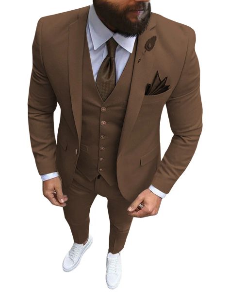 Anzüge Herrenanzüge 3-teilig Slim Fit Casual Business Champagner Revers Khaki Formeller Smoking für Hochzeit Trauzeugen (Blazer + Hose + Weste)