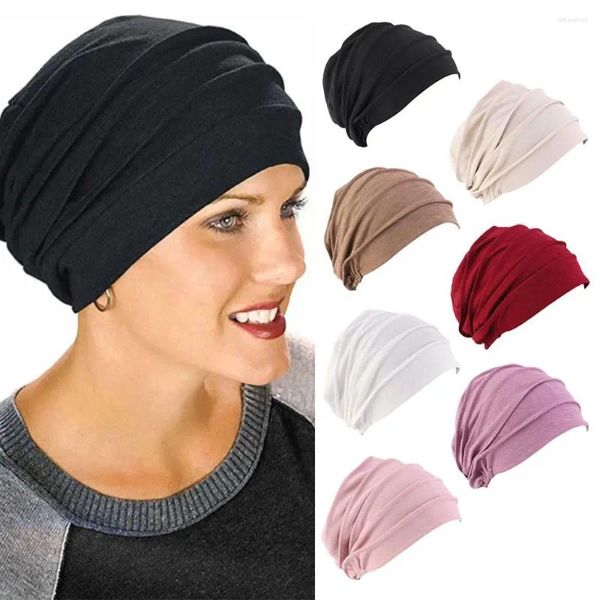 Berets Cancer Head Cap Chapéu Algodão Elástico Pano Respirar Chemo Mulheres Ruffle