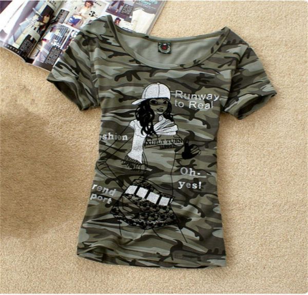 Verão exército camuflagem camiseta feminina carta coroa impresso roupas tshirts estudantes uniforme militar manga curta casual tops8505119