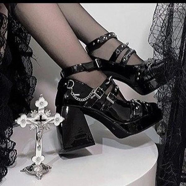 Elbise ayakkabıları kadınlar kalın taban yüksek topuklu metal zincir bağlantısı gotik siyah punk rol oyna gündelik jk sokak pompaları