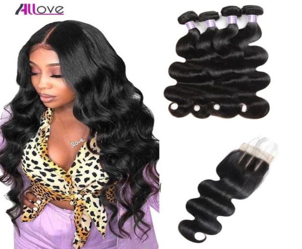 Allove Perulu Düz Vücut Derin Curly 3 Bundles Remy İnsan Saç Uzantıları 44 Dantel Kapatma ile Çift Atkı Desekleri Kadınlar için AL43819917