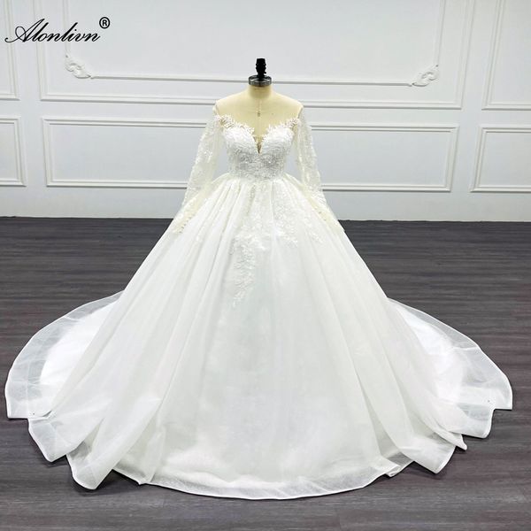 Alonlivn Chic Illusion scollo a V maniche lunghe abito da ballo abito da sposa perline pizzo lucido paillettes corte strascico abiti da sposa può essere personalizzato