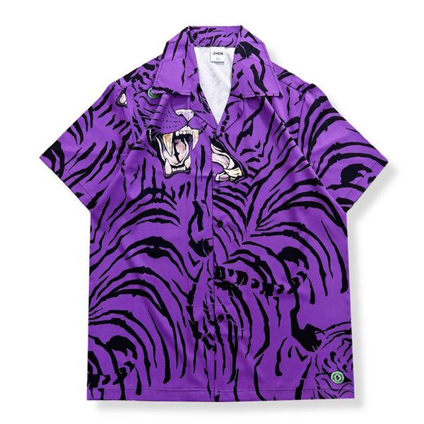 Camicia da uomo in materiale sottile con stampa intera tigre viola Camicie estive con colletto button down per uomo Top maschile