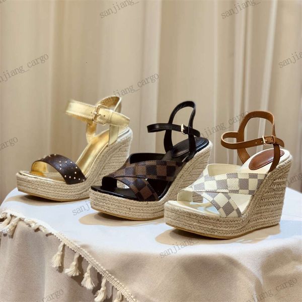 Damen Keilsandalen mit hohem Absatz, Strohsohle, Plateauschuhe, schwarz, weiße Keilabsatz-Sandalen, Hochzeitskleid-Schuhe, Kalbsleder-Schuhe, 11 cm dicke Böden, Hausschuhe, Flops