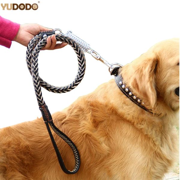 Trelas 120cm couro trançado coleira de cão preto alça acolchoada pet andando correndo leva com amortecedor de mola para cães médios grandes labrador