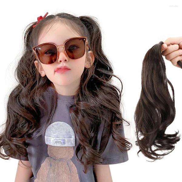 Acessórios de cabelo peruca infantil menina laço-up rabo de cavalo simulação em longo encaracolado crianças pequeno headpiece decorado com grandes tranças onduladas