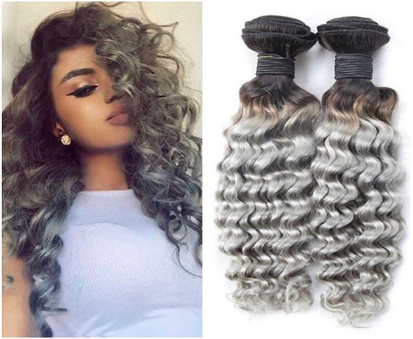 Reines peruanisches Menschenhaar 1BGrey 2Tone Ombre Weaves Deep Wave Wavy Virgin Hair Wefts Extensions 3Pcs Ombre Silver Grey Human Hai3188327